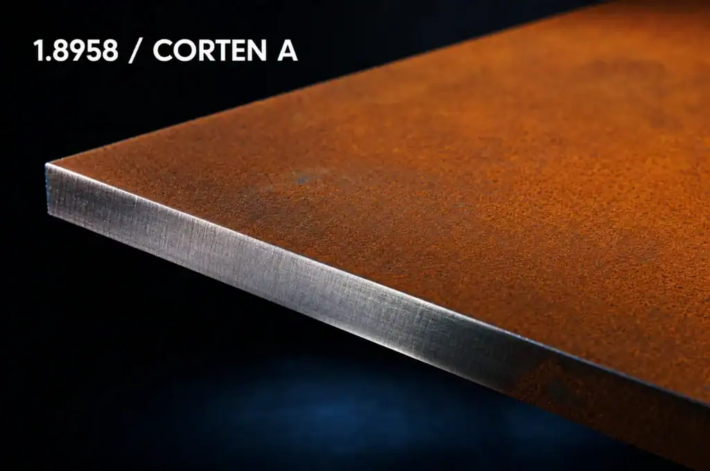 Cortenstaal plaat 1.8958 met oranje patina en blanke snijkant