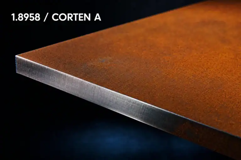 Cortenstaal plaat 1.8958 met oranje patina en blanke snijkant